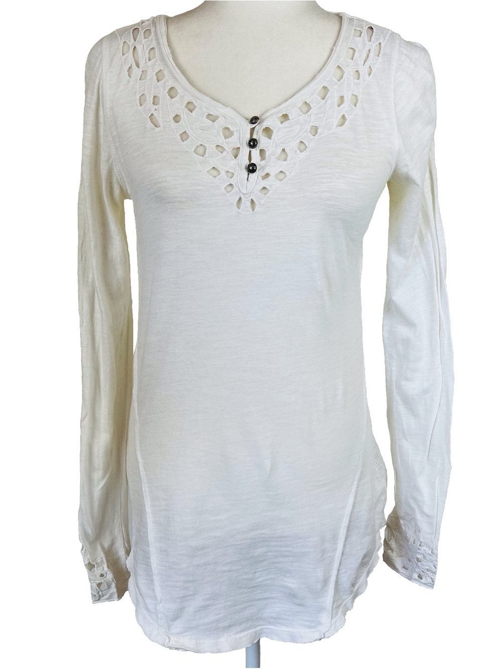 Free People Women’s Henley Long Sleeve Top Raw Hem Geometric Cut Outs Size Small